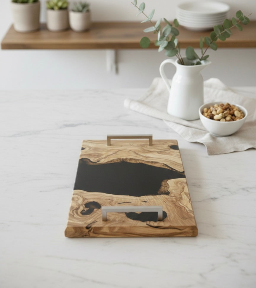 Vassoio Da Portata Con Design Moderno in Legno e Resina Nera